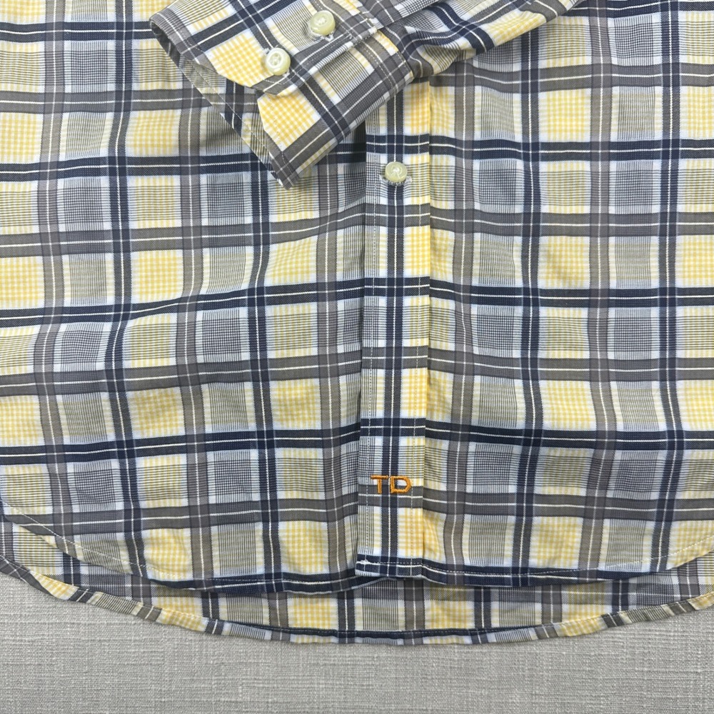 Thomas Dean Button Down Mens Large Yellow Grey Plaid Pima Cotton Long Sleeve - Picture 9 of 13